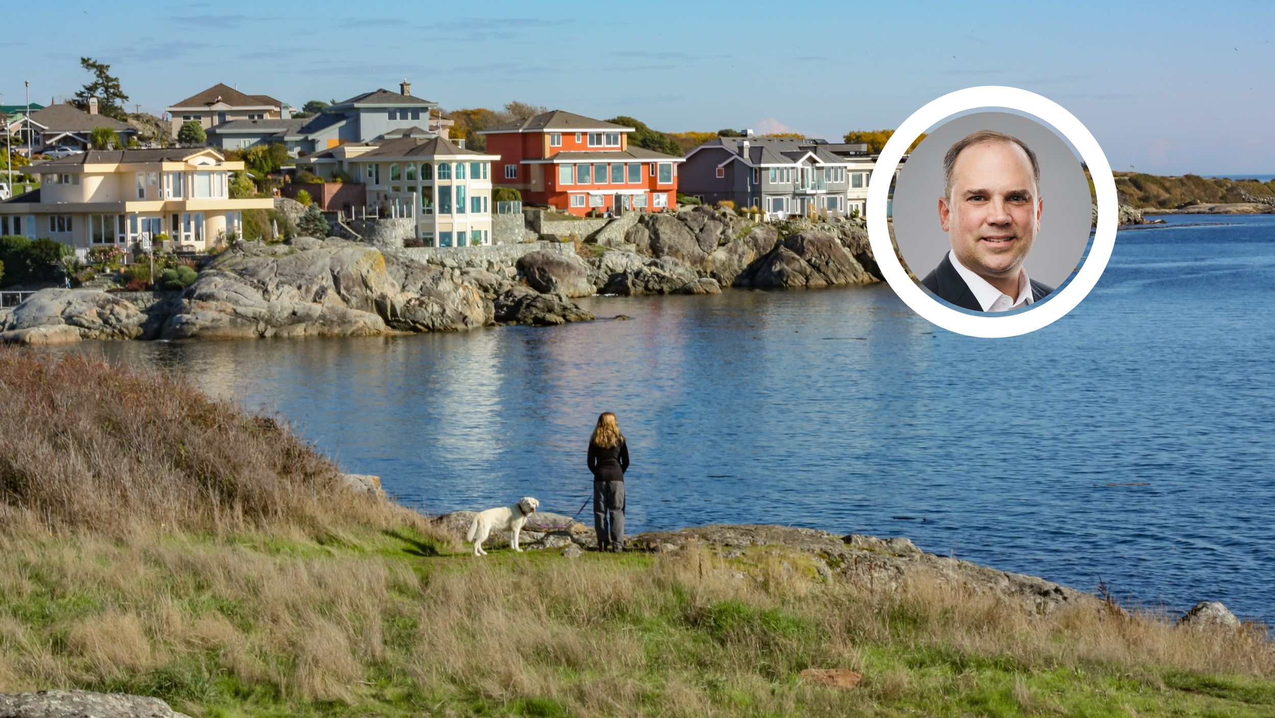 woman with dog in esquimalt waterfront victoria bc